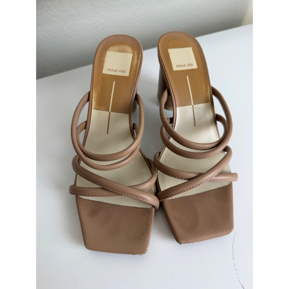 Dolce Vita Womens Tan Nude Strappy Block Heel Mule Sandals Size 7.5